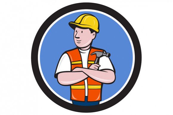 Builder Carpenter Folded Arms Hammer Circle Cartoon example image 1