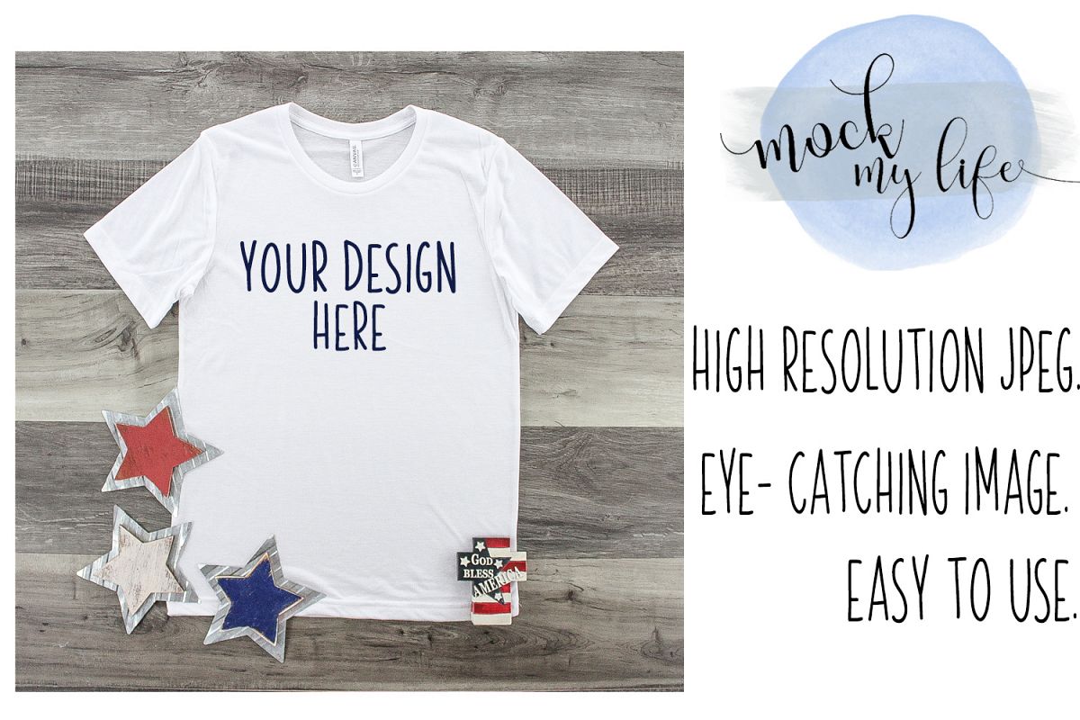 MockUp Bella Canvas White Shirt / Patriotic Flat Lay example image 1