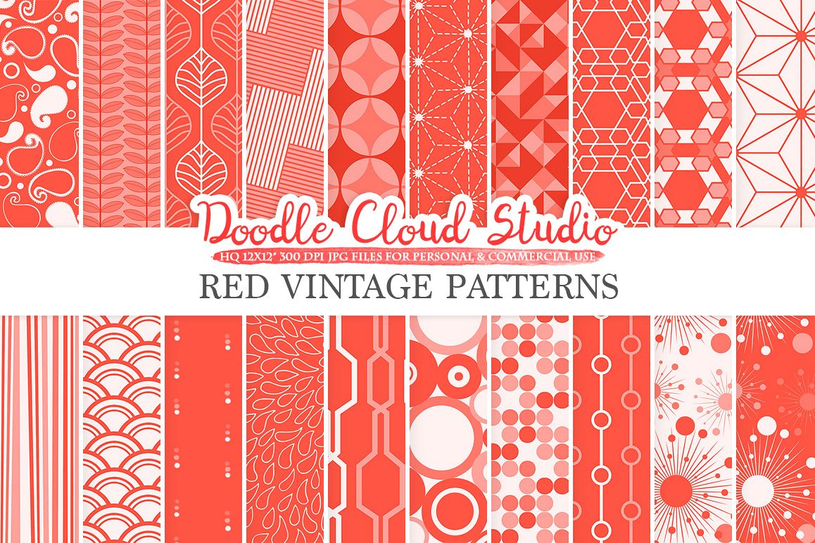 Red Retro digital paper, Geometric Vintage patterns, Scarlet Vermilion digital backgrounds, Instant Download, for Personal & Commercial Use example image 1