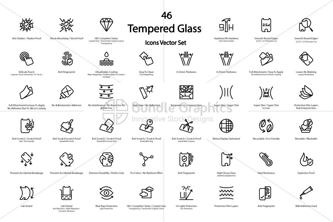Mobile Tempered Glass Features Icons Set example image 1