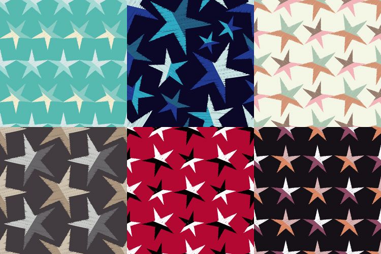 6 Seamless vector backgrounds with decorative stars. Scratches, grunge texture. example image 1