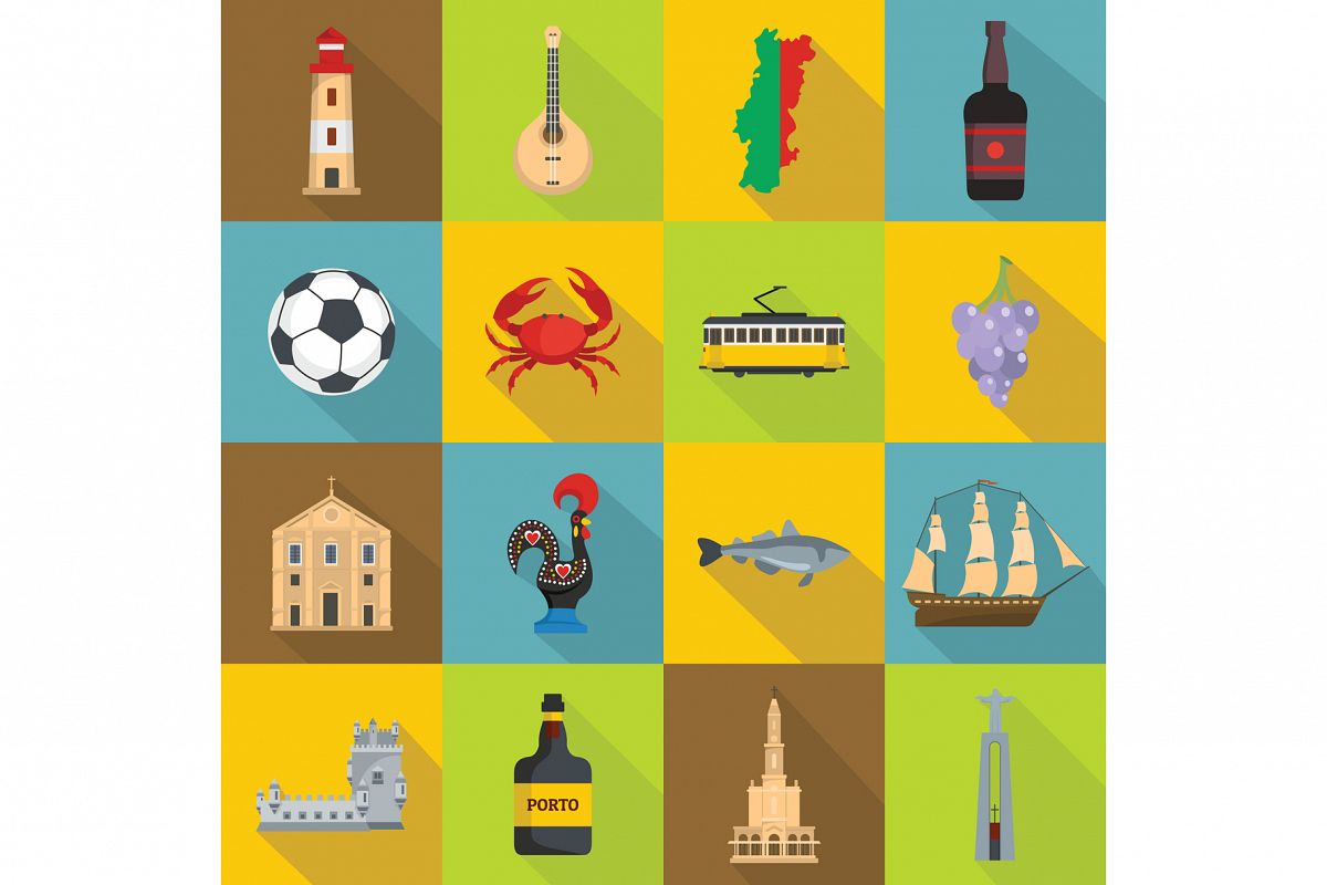 Portugal travel icons set, flat style example image 1