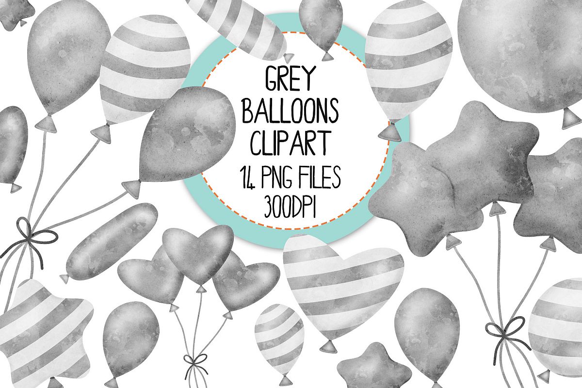 Grey Watercolor Balloon Clipart Set example image 1