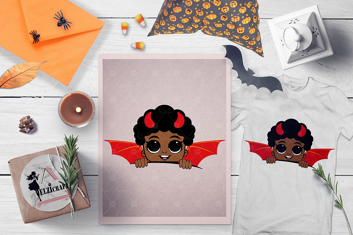 Halloween Afro Peeking Little Devil Boy SVG Cut File example image 1