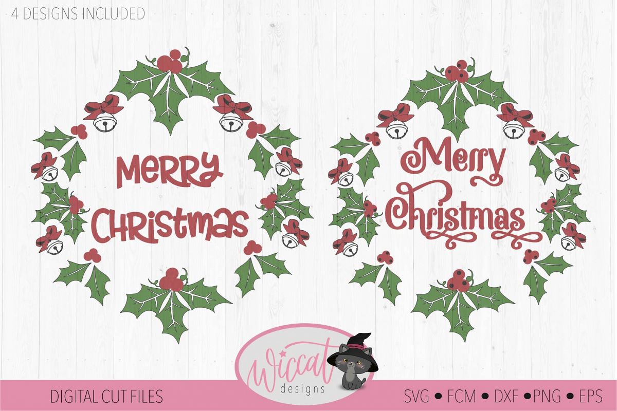 Merry Christmas wreath svg, Happy Christmas bells svg example image 1