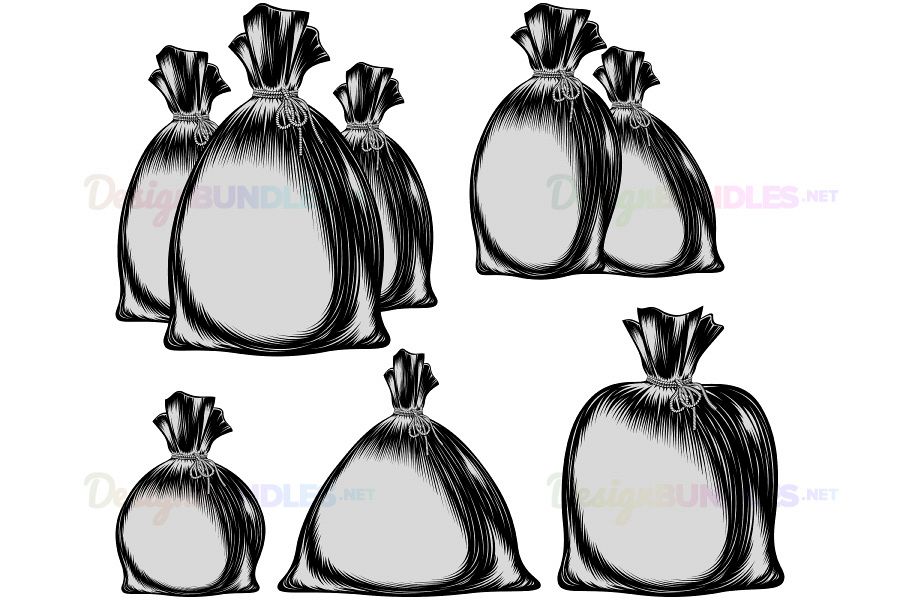 Vector Sack Bag Rope Monochrome Sketch Ink Hand Drawing Group Set example image 1