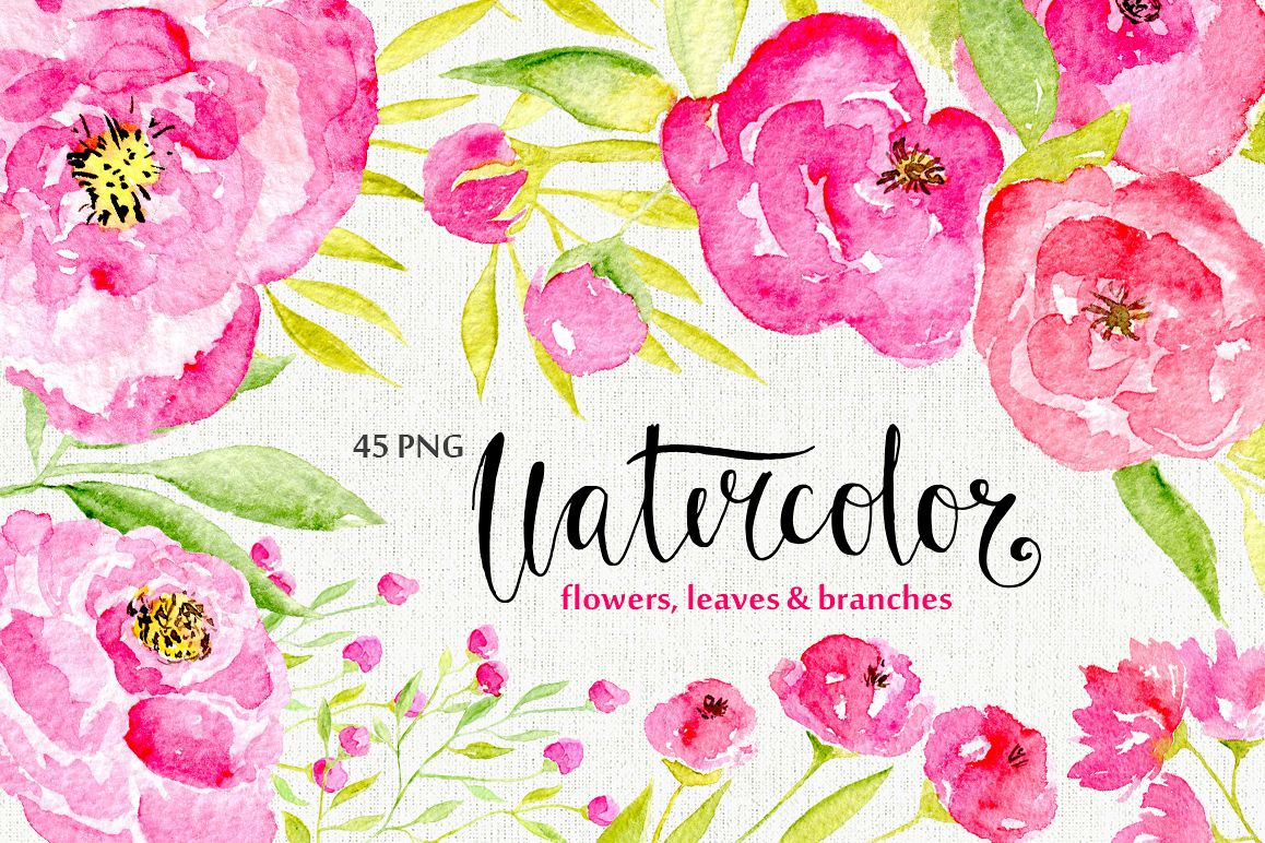 45 pink watercolor flowers and green leaves example image 1