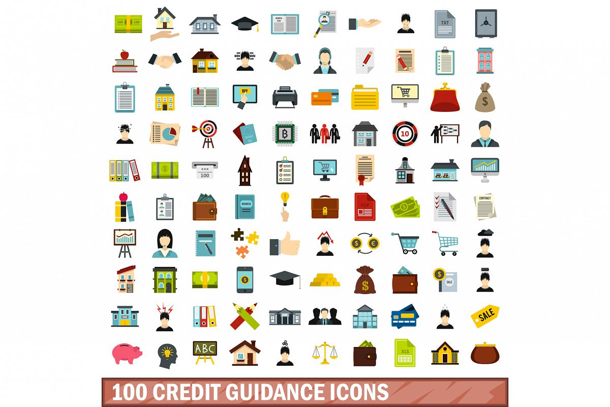 100 credit guidance icons set, flat style example image 1