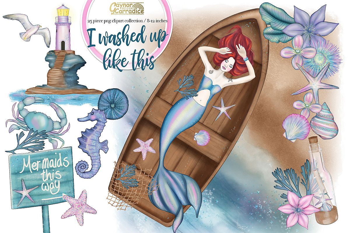I washed up like this - watercolor Mermaid Clipart collectio example image 1