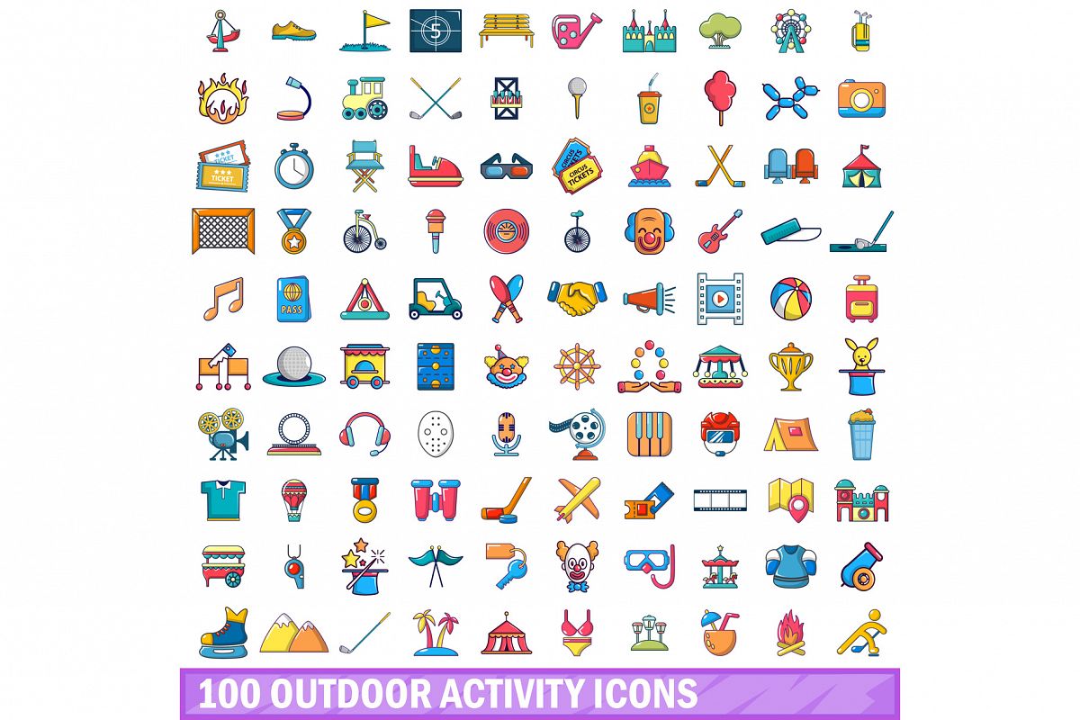 100 outdoor activity icons set, cartoon style example image 1