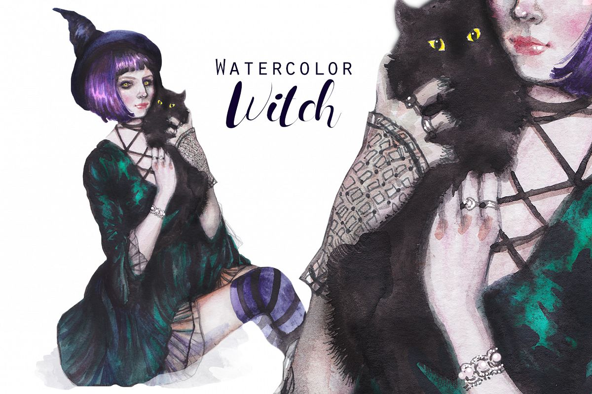 Halloween witch with black cat, watercolor portrait example image 1