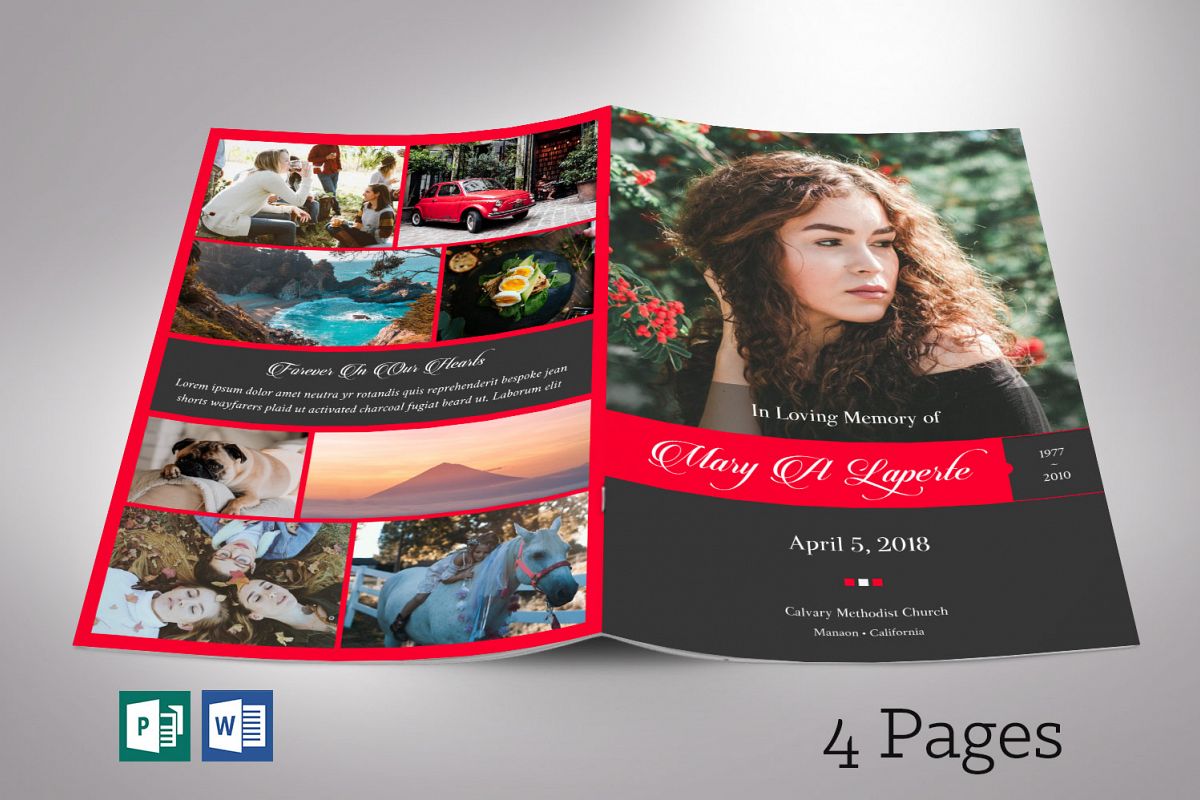 Remember Red Funeral Program Word Publisher Template 4 Pages example image 1