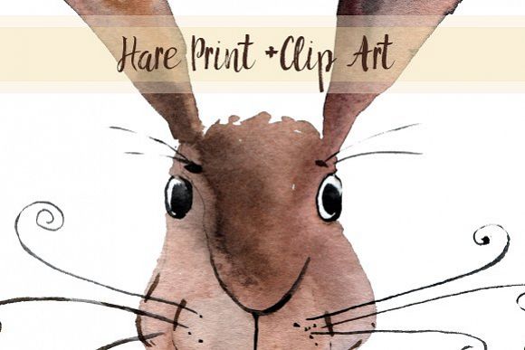 Watercolor Hare Print + Clip Art example image 1