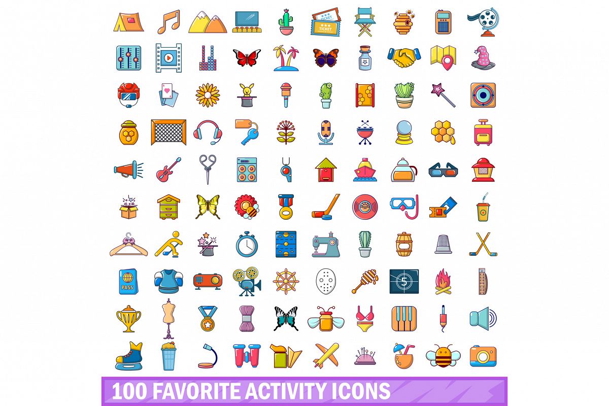 100 favorite activity icons set, cartoon style example image 1