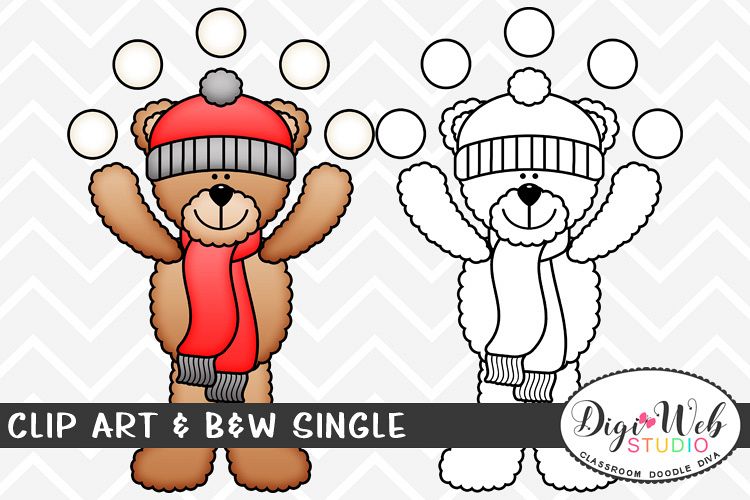 Clip Art & B&W Single - Winter Teddy Bear Juggles Snowballs example image 1