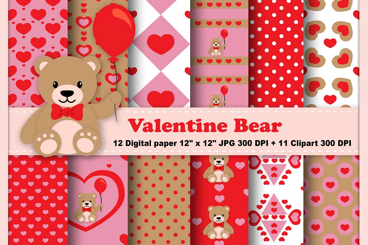 Valentine Digital Paper, Valentine Bear Background, Bear Pattern, Teddy ...