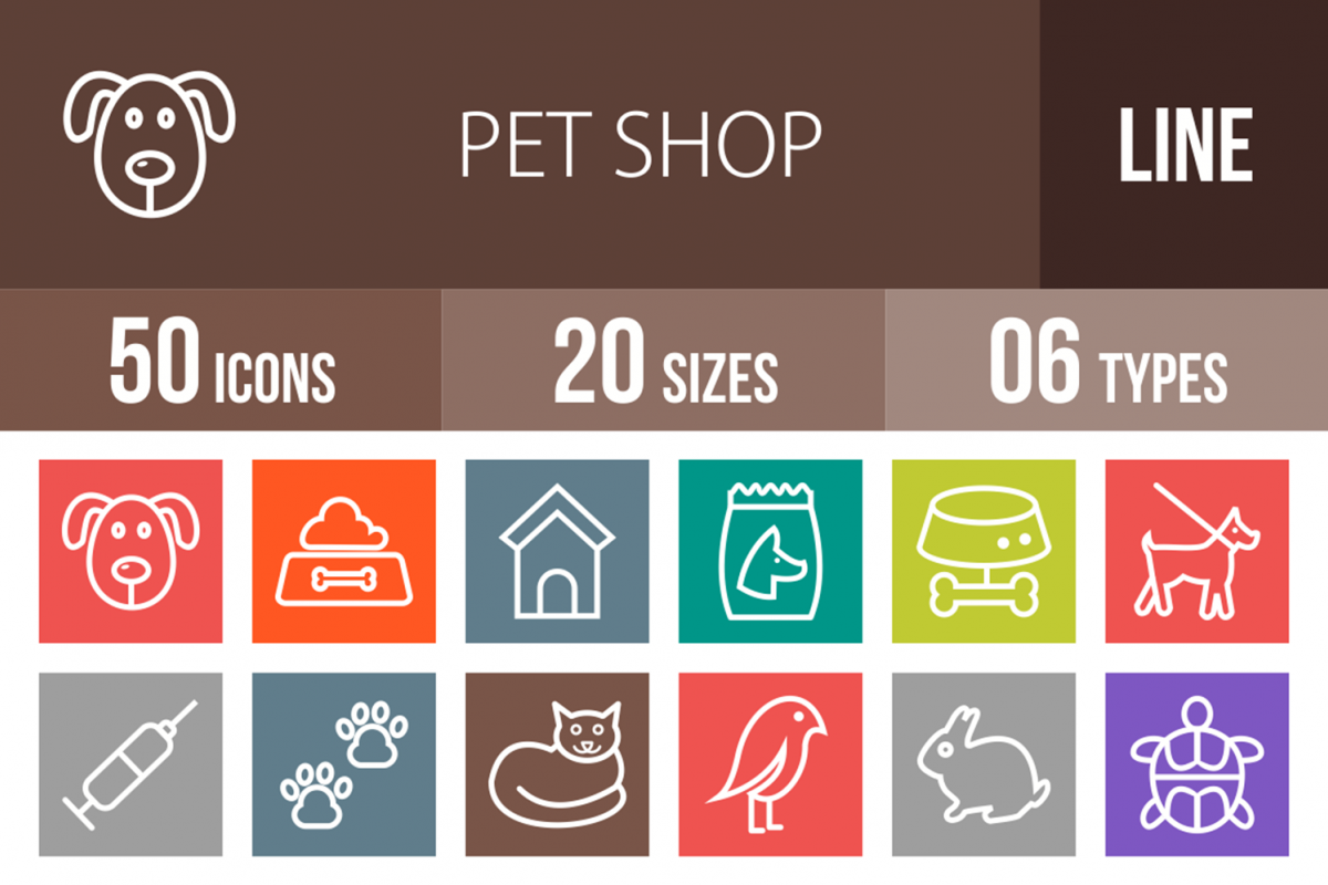 50 Pet Shop Line Multicolor B/G Icons example image 1