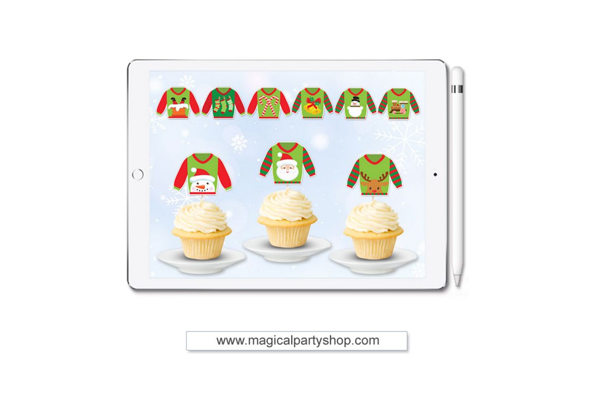 Christmas Ugly Sweater Cupcake Toppers Svg Print and Cut, Cu example image 1