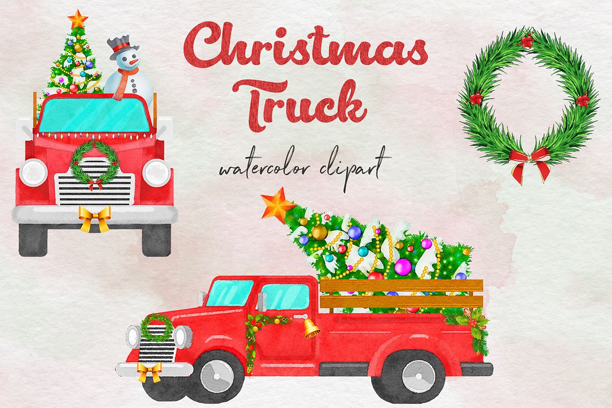 Watercolor Christmas Truck Clipart example image 1