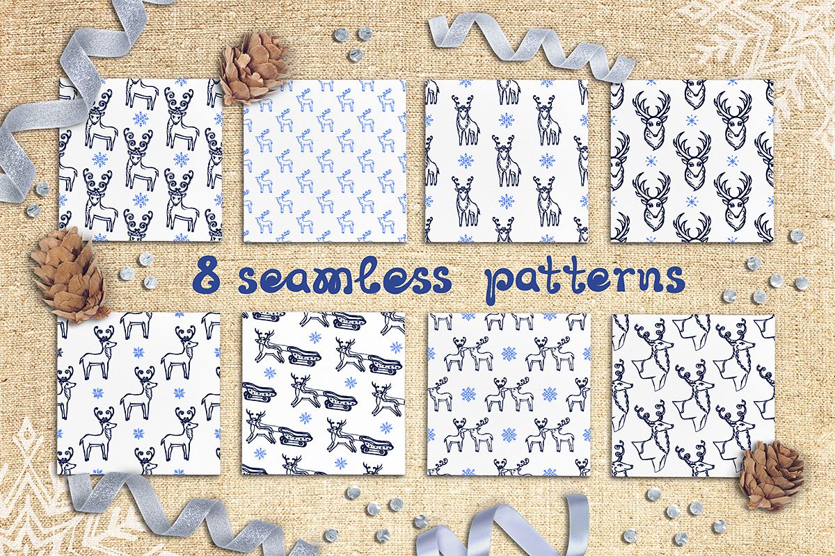 8 hand drawn seamless patterns with Christmas deer example image 1