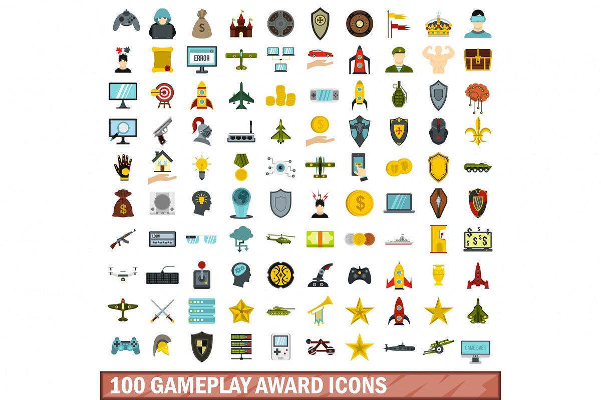 100 gameplay award icons set, flat style example image 1