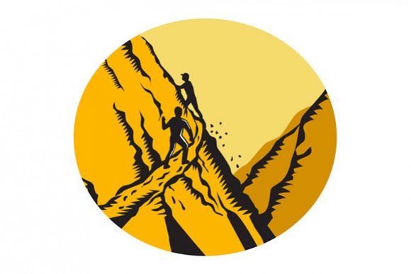 Trampers Climbing Steep Path Mountain Oval Woodcut example image 1