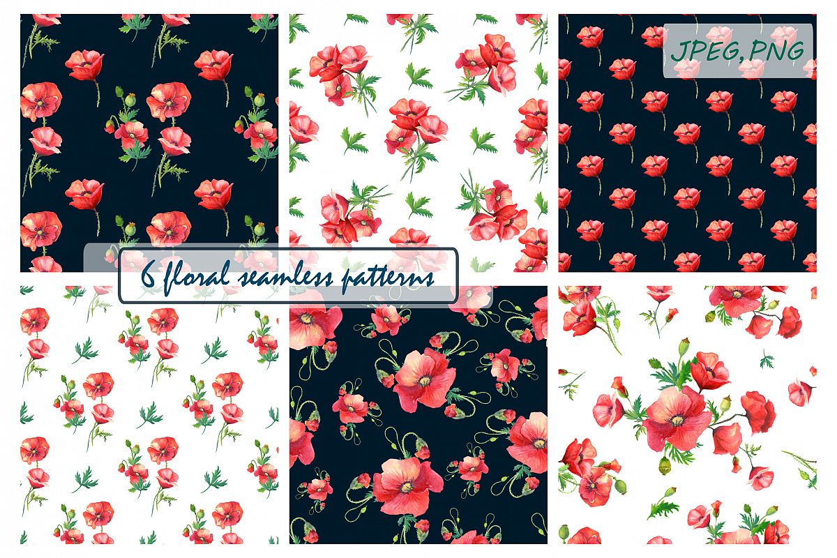 Watercolor poppies.Seamless Patterns. example image 1