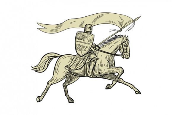 Knight Riding Horse Shield Lance Flag Drawing example image 1