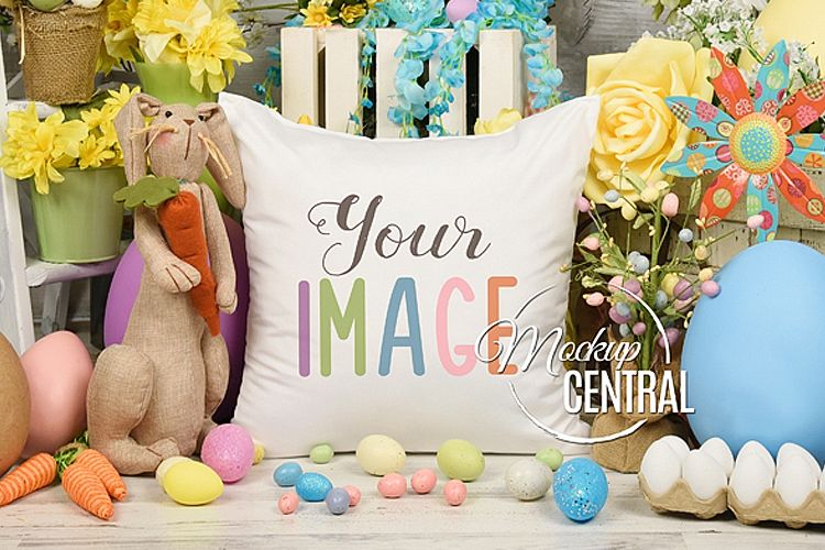 Blank White Square Easter Egg Spring Mockup Pillow JPG example image 1