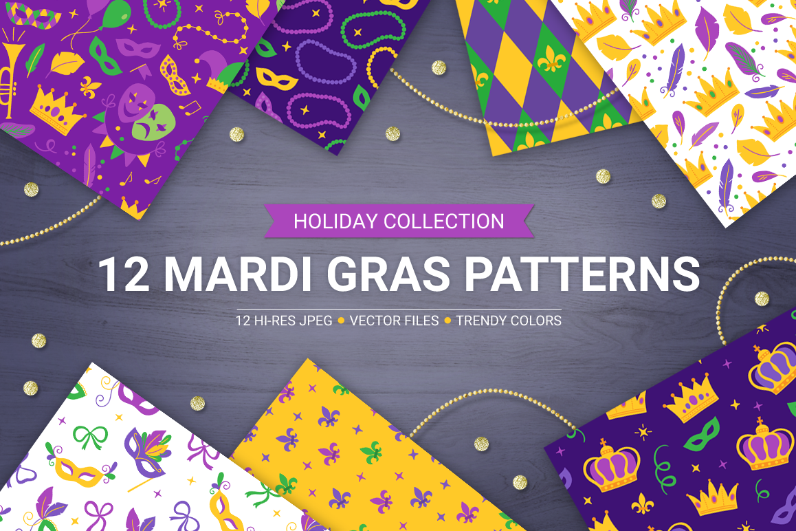 12 Mardi Gras Seamless Patterns example image 1