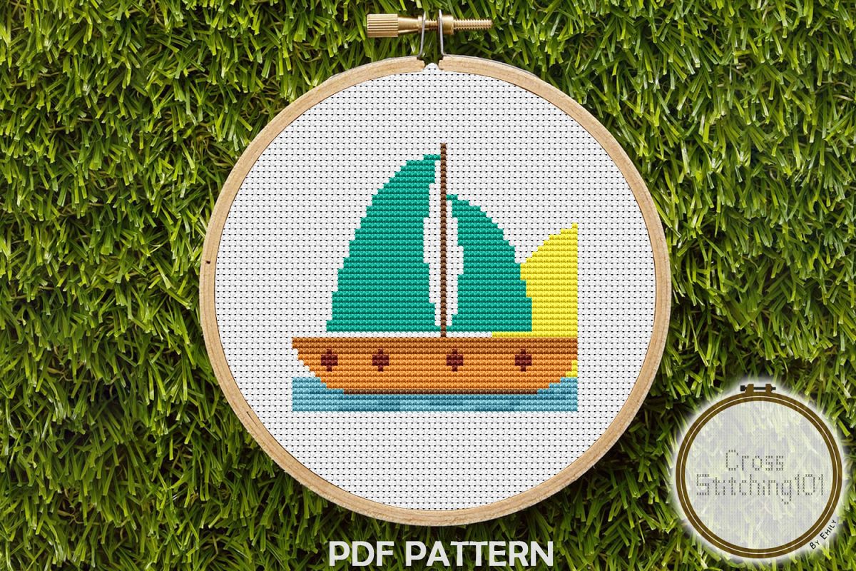 Aqua Sail Boat Cross Stitch Pattern - Instant Download PDF example image 1