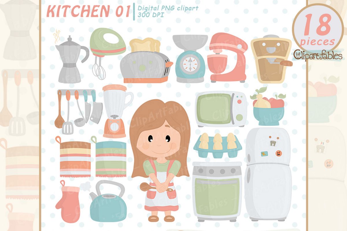 Kitchen clipart, cute girl chef clip art, in the kitchen art example image 1