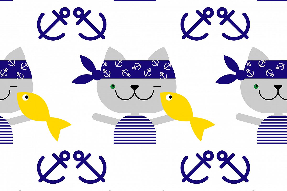 Seamless vector background with cats sailors. Cat with fish. Vector cute illustration. Textile rapport. example image 1