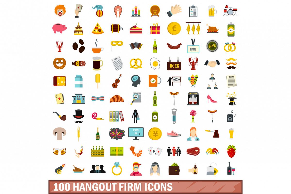 100 hangout firm icons set, flat style example image 1