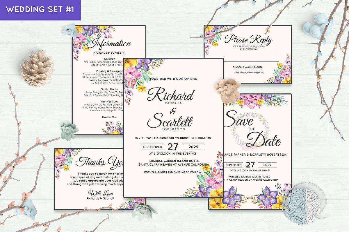 Wedding Invitation Set #1 Watercolor Floral Flower Style example image 1