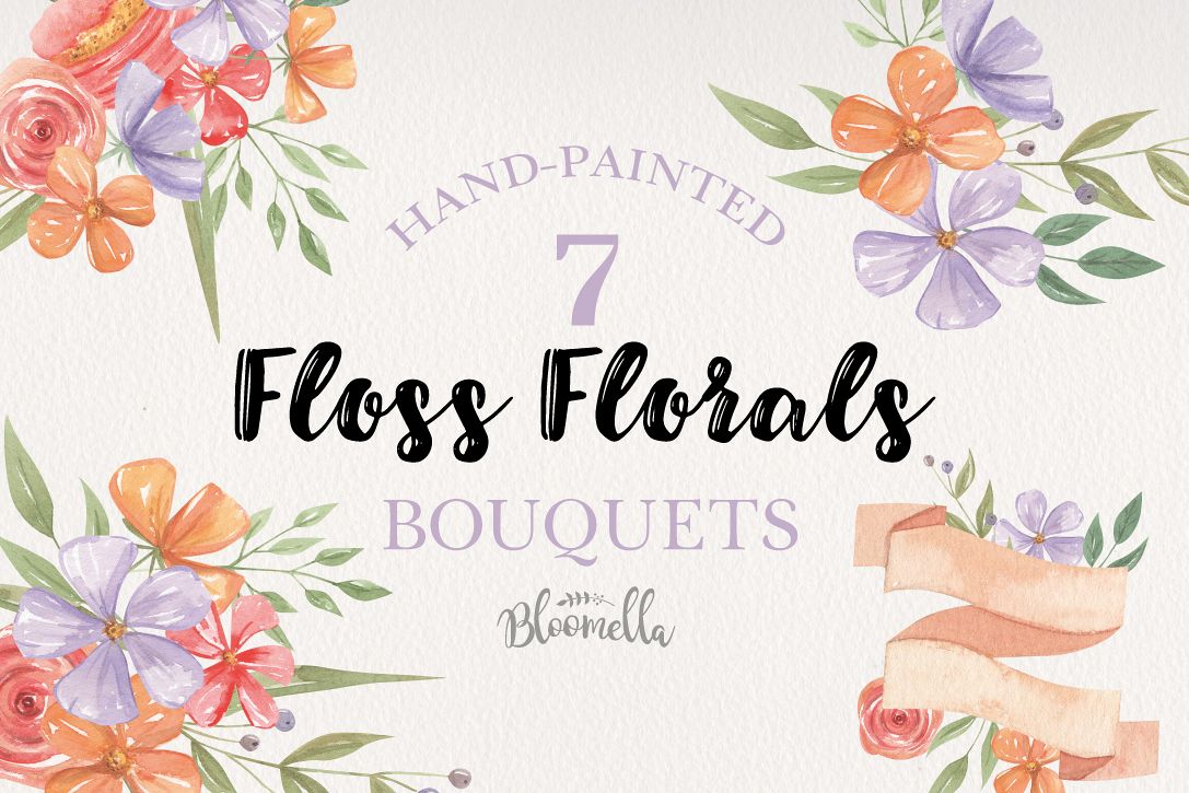 Floss Florals 7 Bouquets Watercolor Florals Purple Orange example image 1