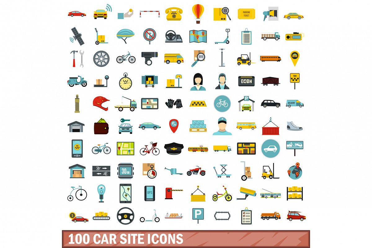 100 car site icons set, flat style example image 1