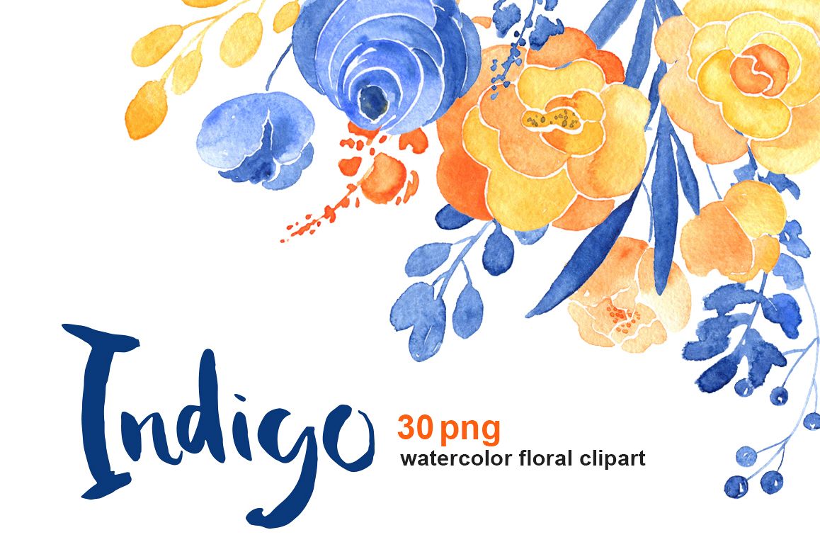 Watercolor blue & orange flowers example image 1