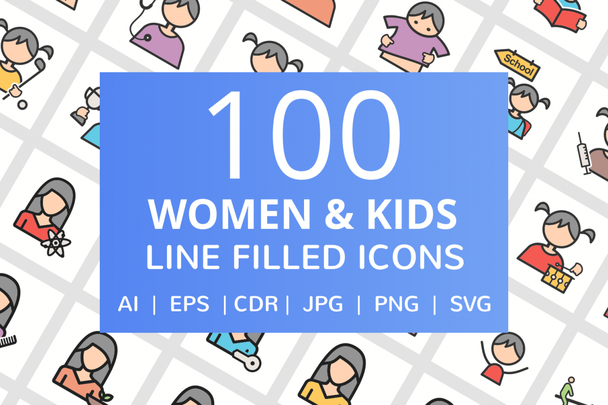 100 Women & Kids Filled Line Icons example image 1