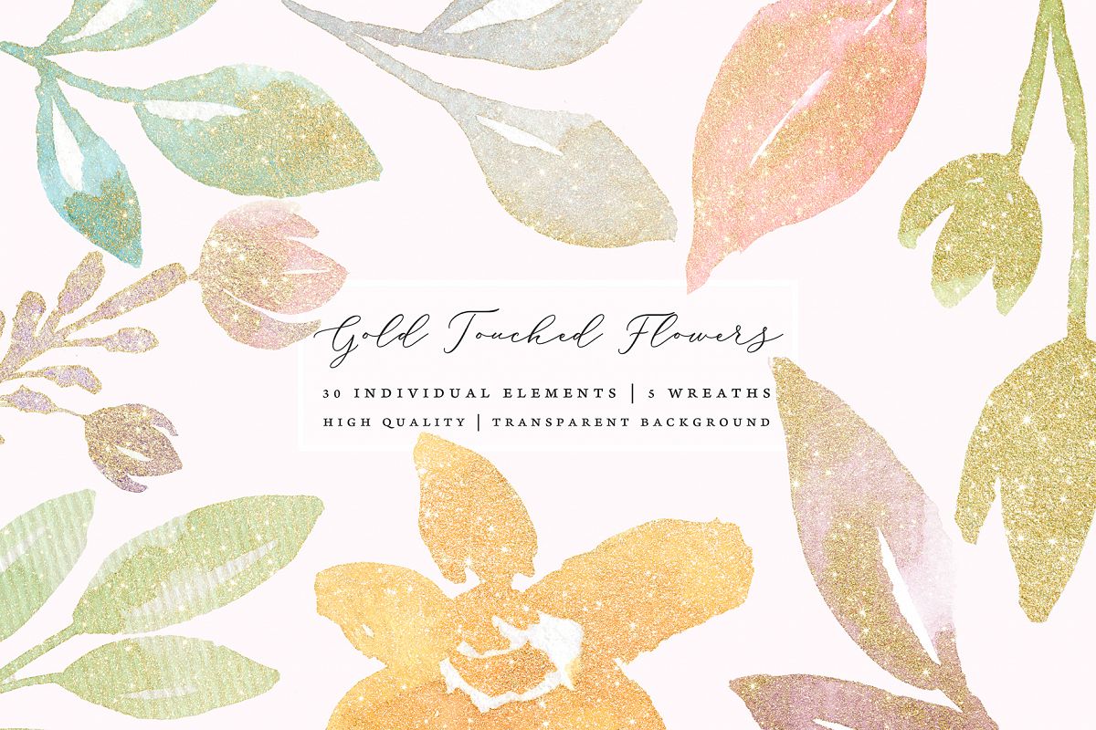 Gold glitter pastel watercolor flowers, gold glitter leaves example image 1