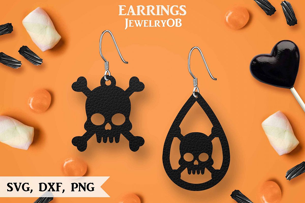 Halloween Earrings, Cut File, SVG DXF PNG Formats, Skull example image 1