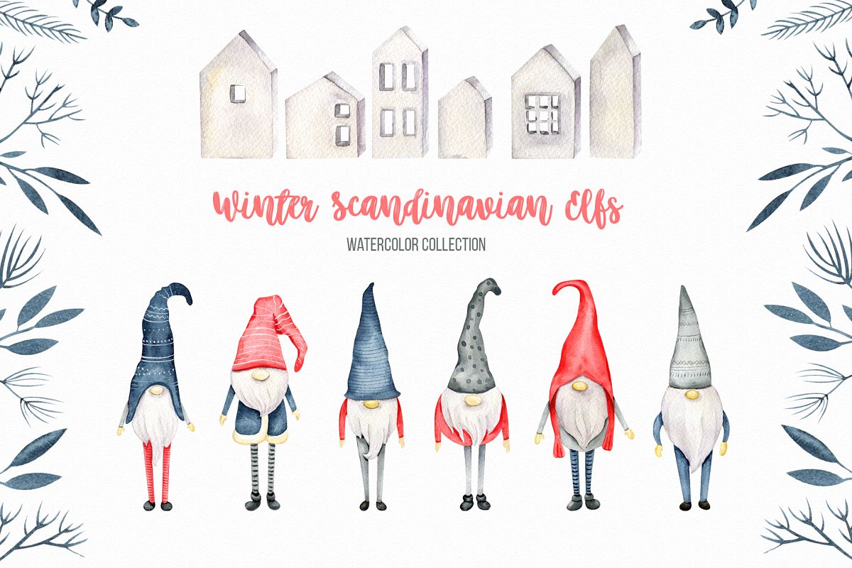 Winter Scandinavian Elfs, Nordic decor clipart watercolor example image 1
