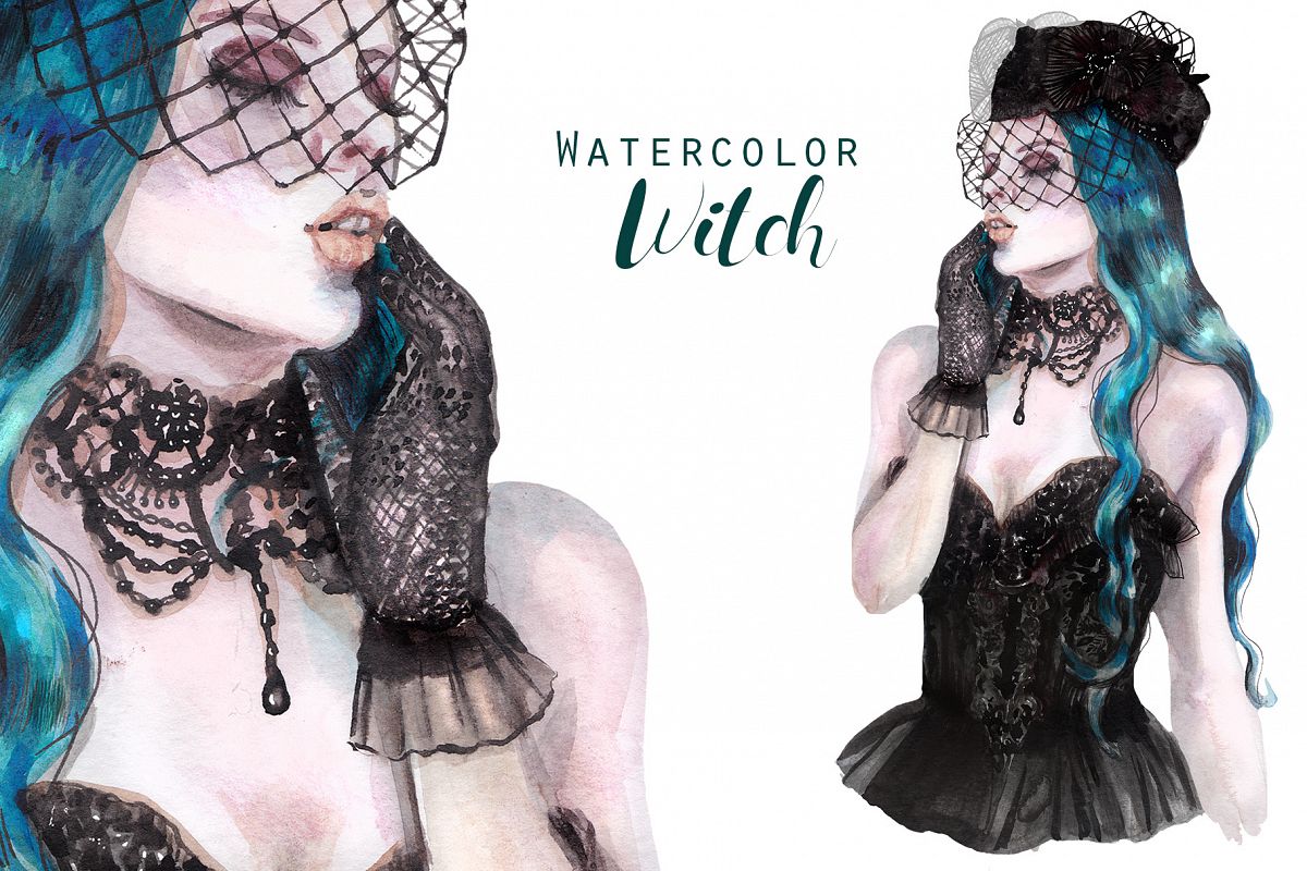 Halloween Witch with veil and blue hair, watercolor portrait example image 1