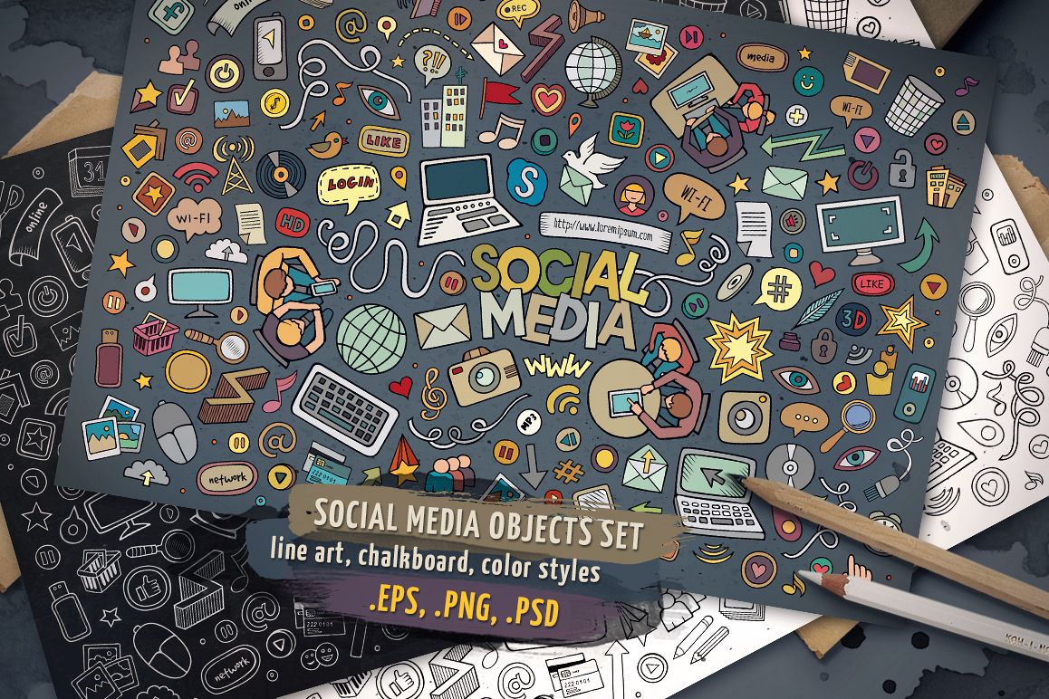 Social Media Cartoon Doodle Objects & Symbols Set example image 1
