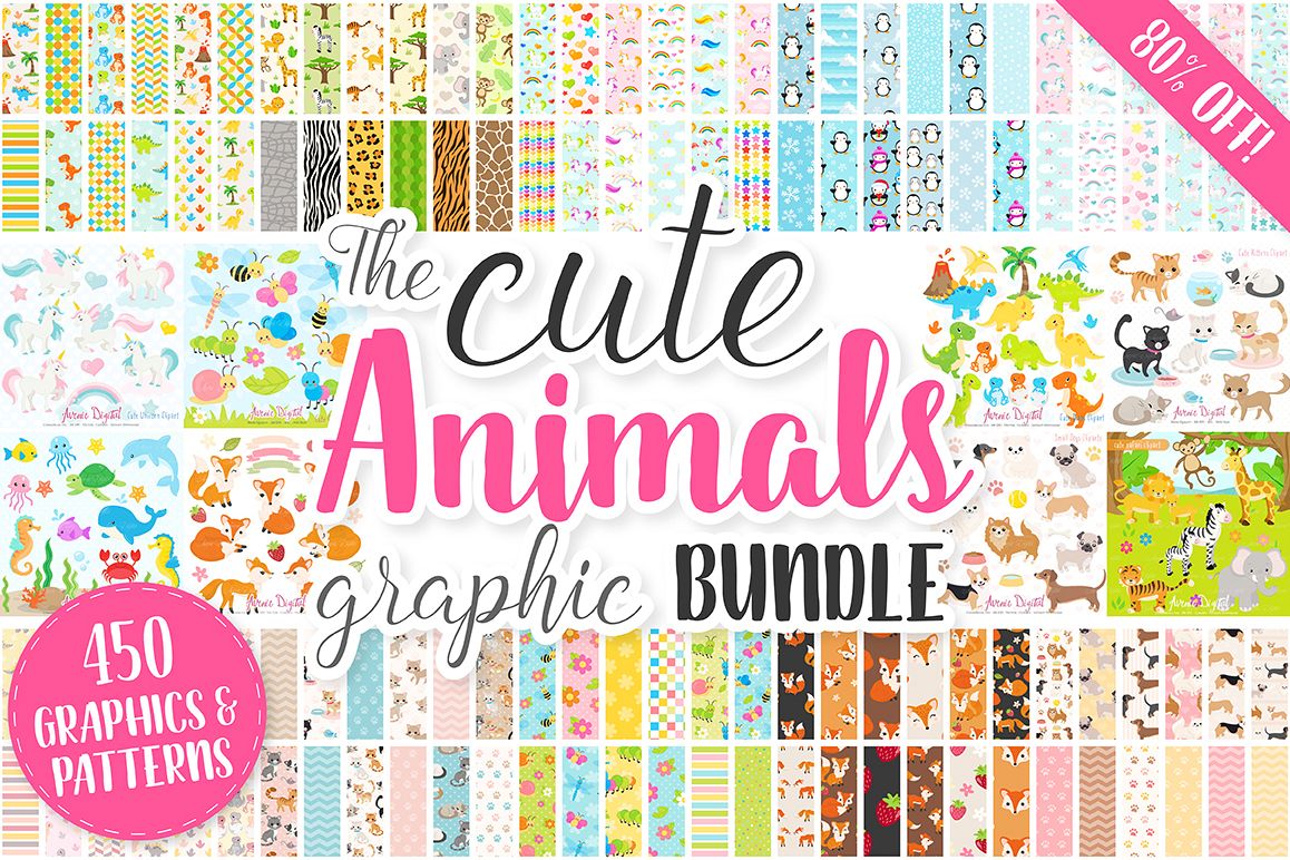 Cute Baby Animals Clip art Graphics and Digital Papers Patterns Bundle example image 1