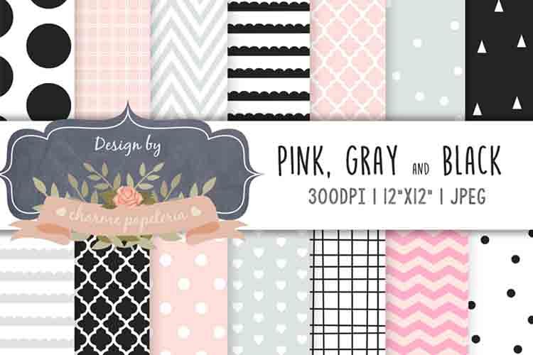 Pink, black and gray geometric digital paper, Baby shower pa example image 1