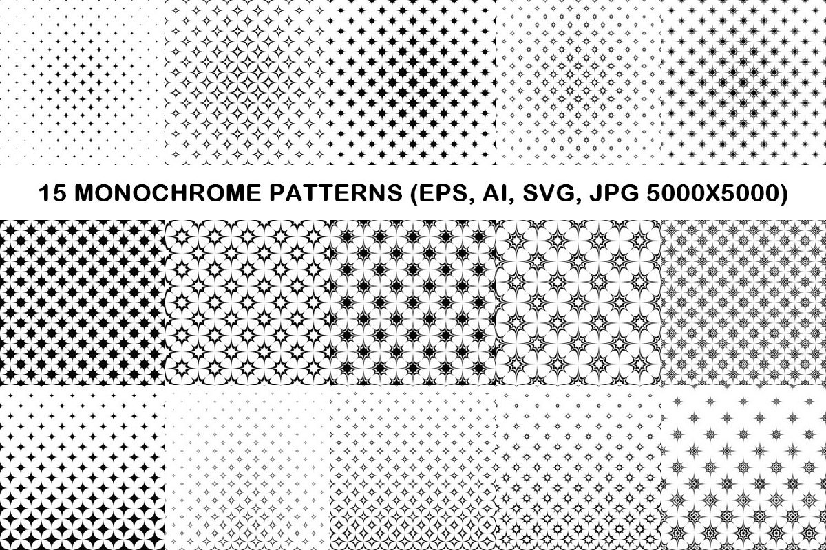15 monochrome star patterns (EPS, AI, SVG, JPG 5000x5000) example image 1