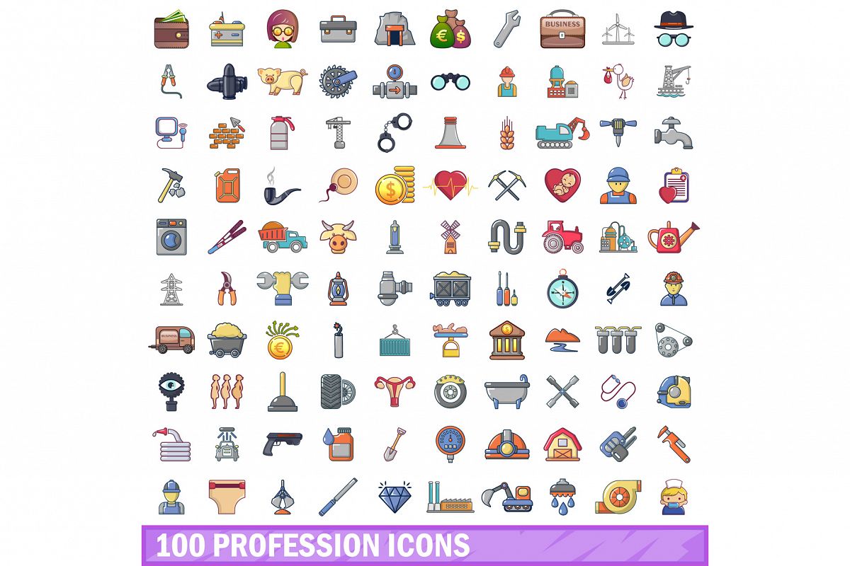 100 profession icons set, cartoon style example image 1