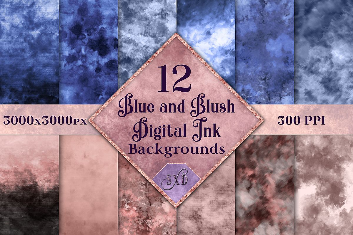 Blue and Blush Digital Ink Backgrounds - 12 Image Textures example image 1