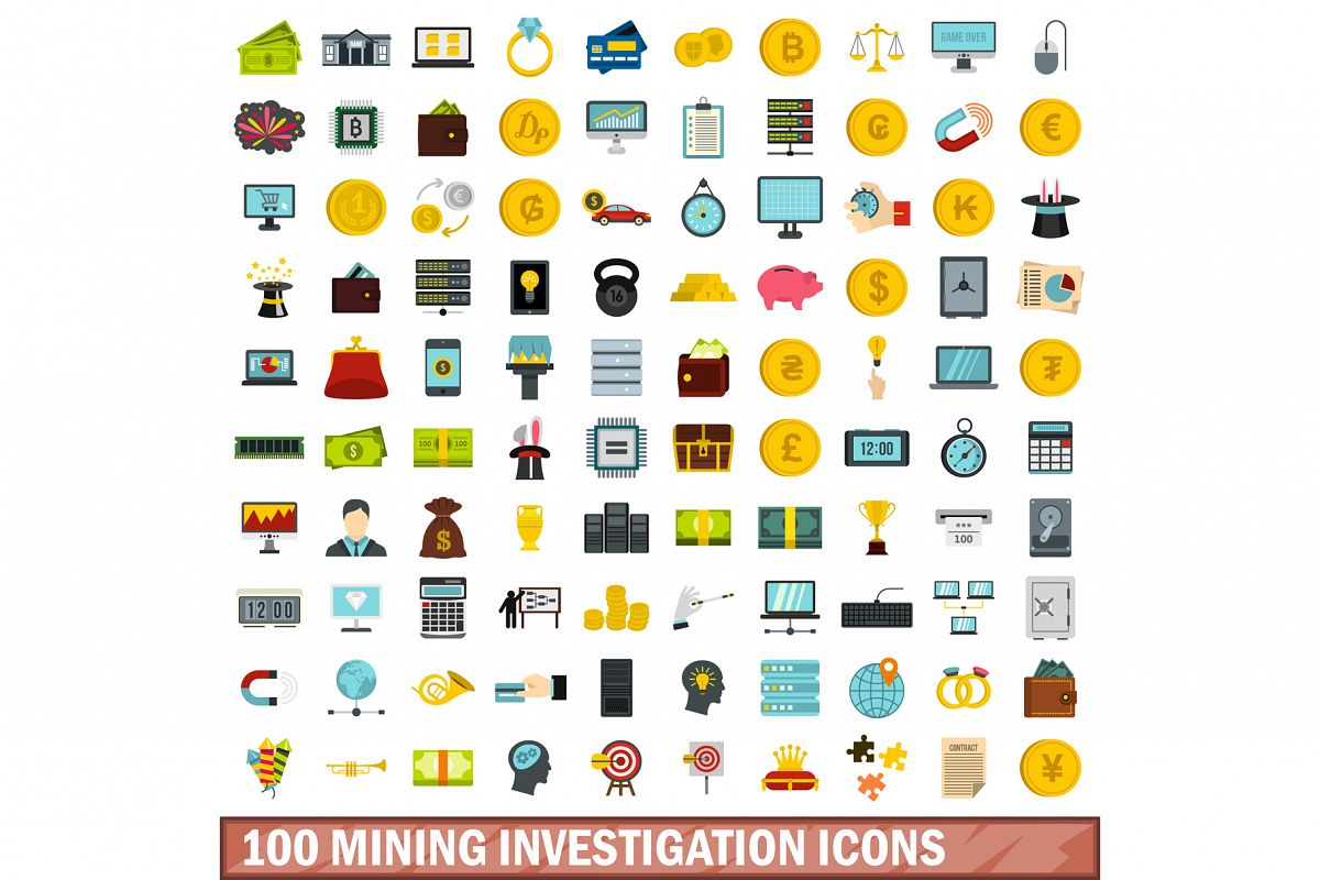 100 mining investigation icons set, flat style example image 1